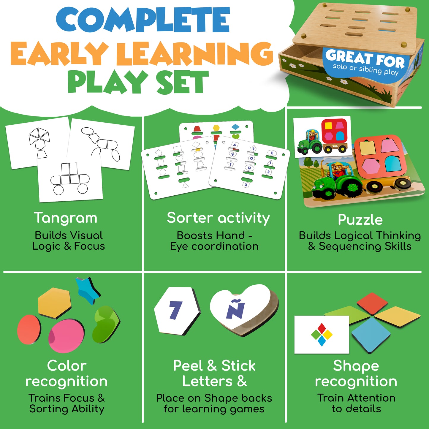 I.D.E.A. Farm – 3-in-1 Educational Toy for Ages 3+ | Tractor Puzzle, Tangram & Shape Sorter