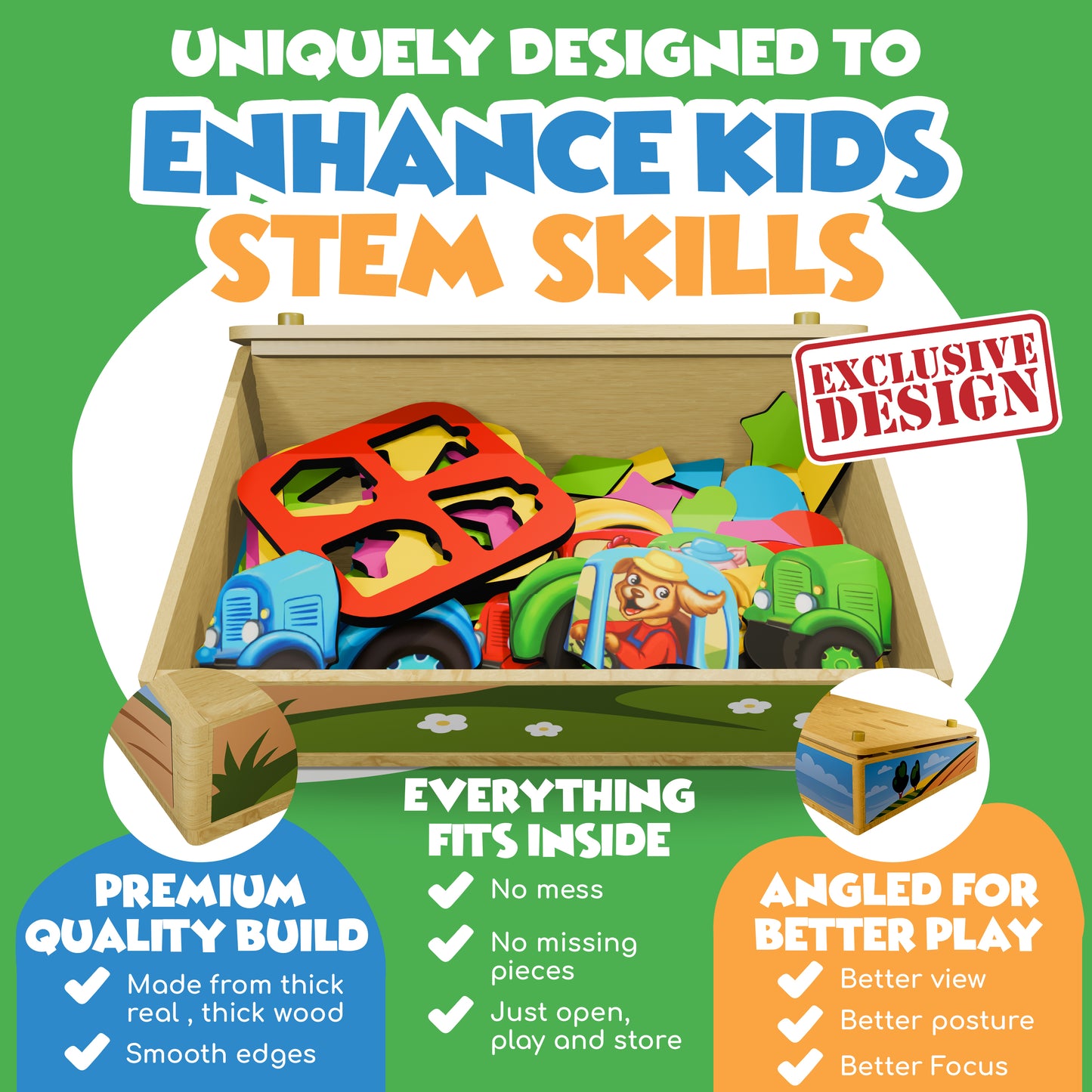 I.D.E.A. Farm – 3-in-1 Educational Toy for Ages 3+ | Tractor Puzzle, Tangram & Shape Sorter