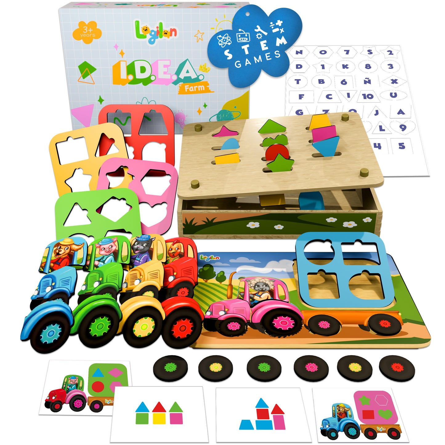 I.D.E.A. Farm – 3-in-1 Educational Toy for Ages 3+ | Tractor Puzzle, Tangram & Shape Sorter