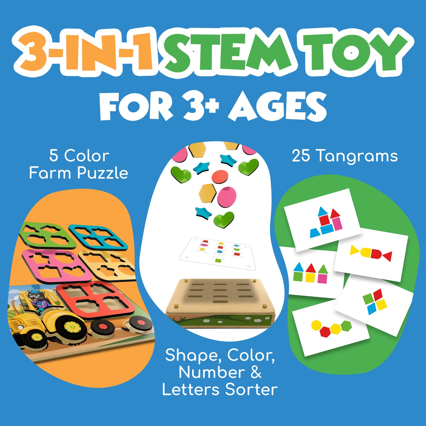 I.D.E.A. Farm – 3-in-1 Educational Toy for Ages 3+ | Tractor Puzzle, Tangram & Shape Sorter