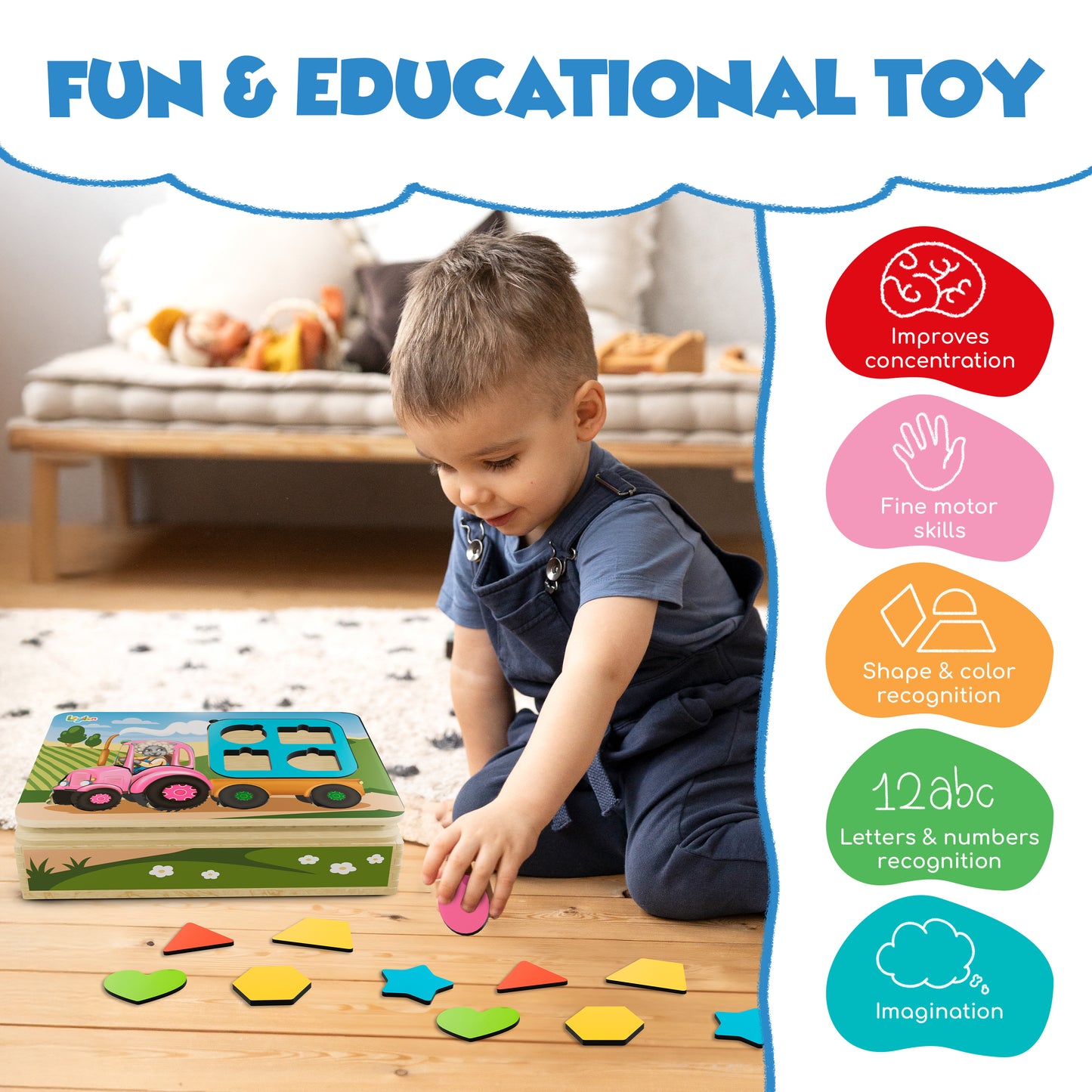 I.D.E.A. Farm – 3-in-1 Educational Toy for Ages 3+ | Tractor Puzzle, Tangram & Shape Sorter