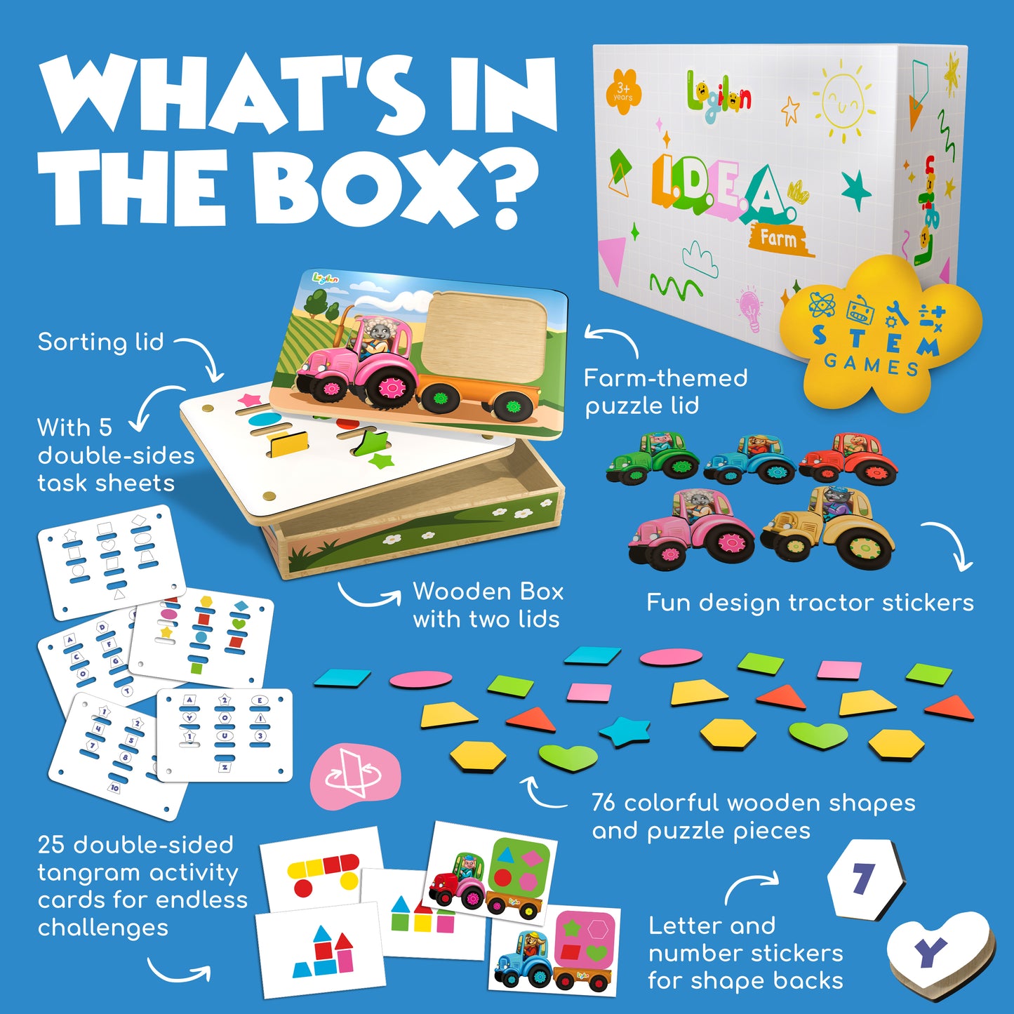 I.D.E.A. Farm – 3-in-1 Educational Toy for Ages 3+ | Tractor Puzzle, Tangram & Shape Sorter