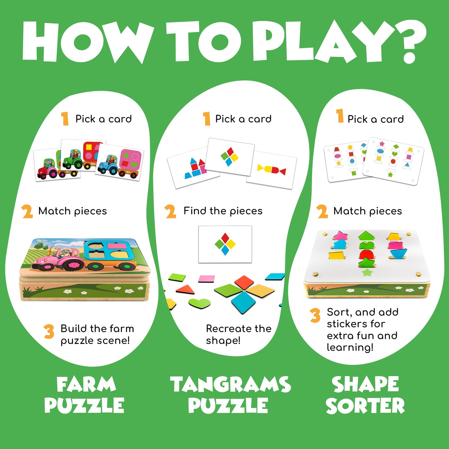 I.D.E.A. Farm – 3-in-1 Educational Toy for Ages 3+ | Tractor Puzzle, Tangram & Shape Sorter