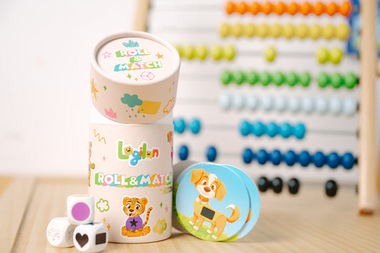 Colorful children's educational toy with a wooden abacus in the background.