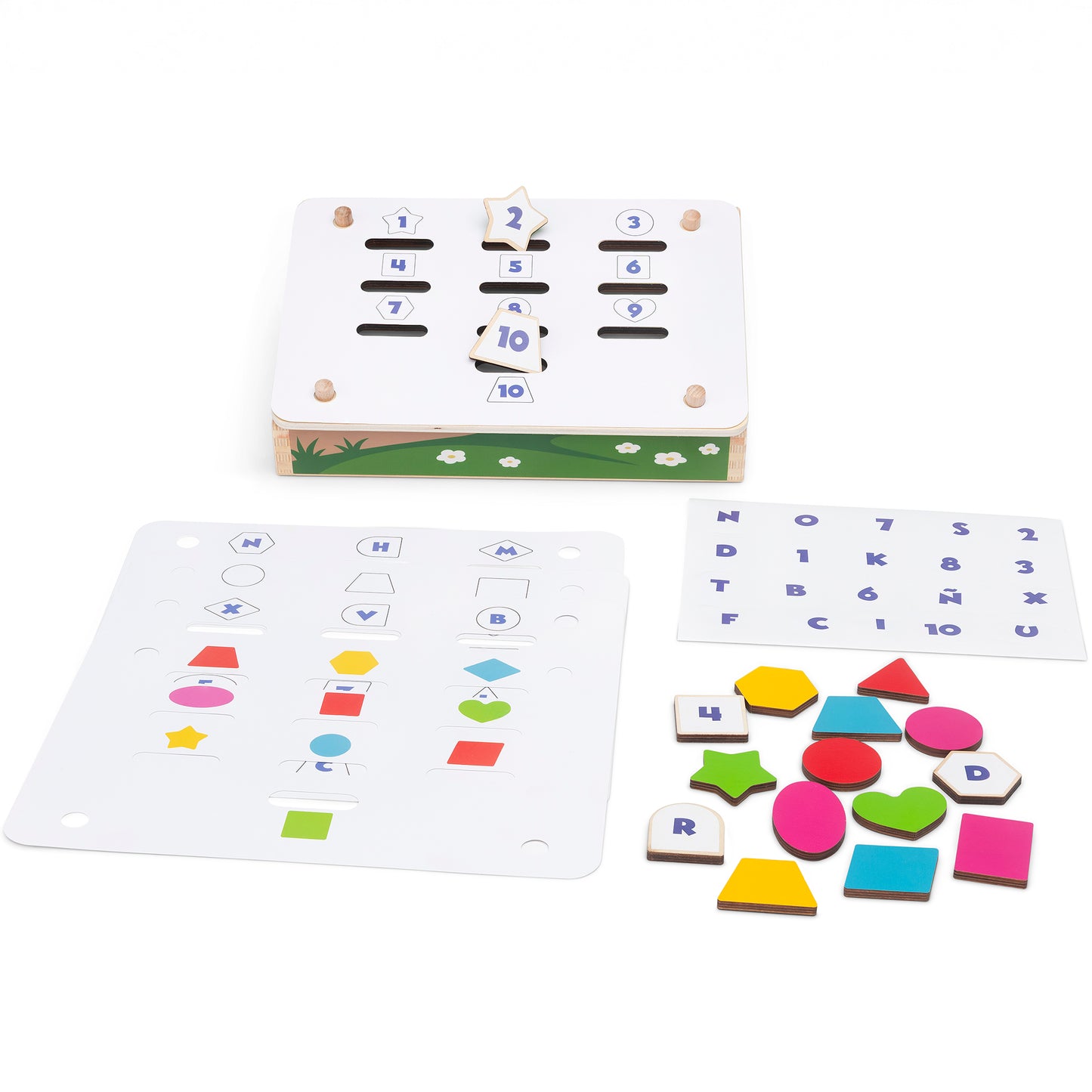 Wooden box with labeled slots on top lid, extra number and letter cards, and colorful wooden shapes.