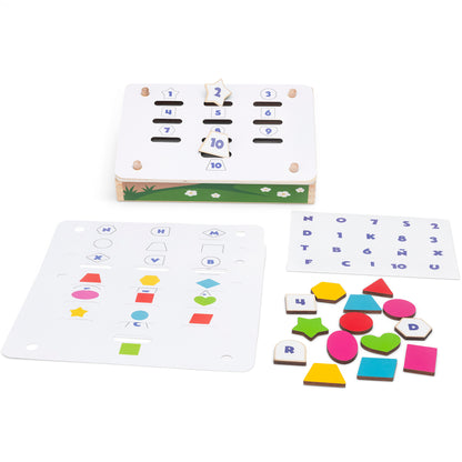 Wooden box with labeled slots on top lid, extra number and letter cards, and colorful wooden shapes.