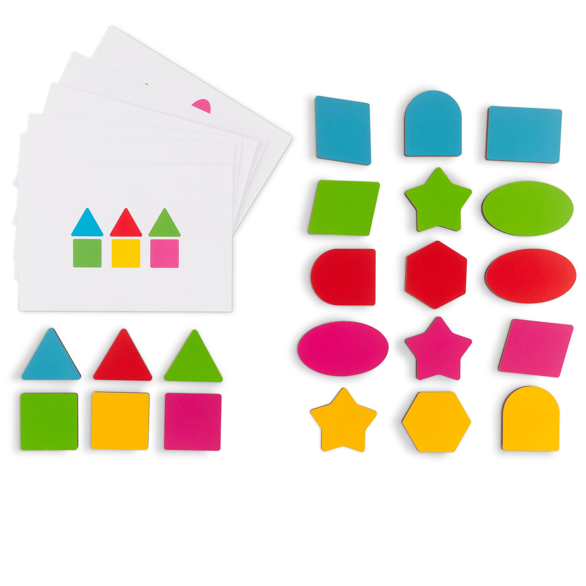 Colorful, wooden geometric shapes that match the images on a set of cards plus additional wooden shapes on the side.