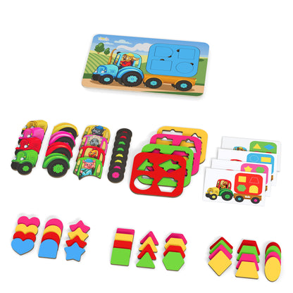 Colorful tractor-themed puzzle with geometric shape pieces and cards to follow