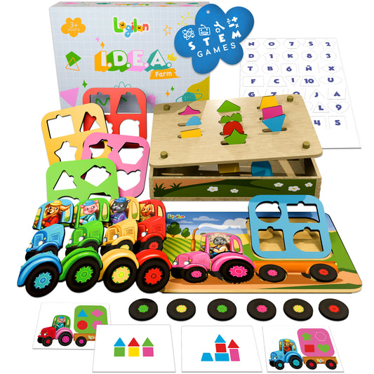 I.D.E.A. Farm – 3-in-1 Educational Toy for Ages 3+ | Tractor Puzzle, Tangram & Shape Sorter