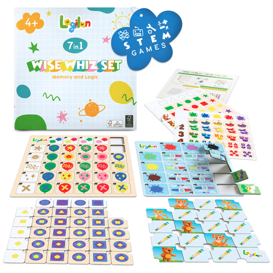 Wise Whiz – 7-in-1 Logic & Memory Game Set for Kids Ages 4–8 | STEM Puzzles & Matching Boards