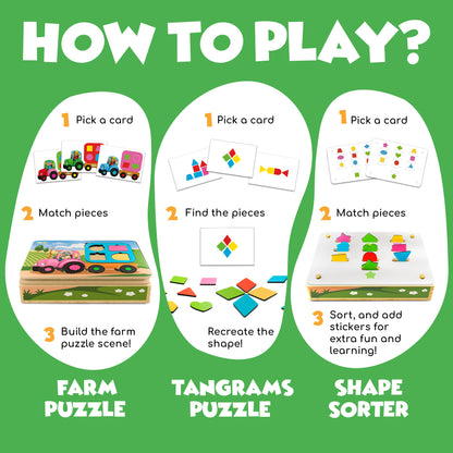 I.D.E.A. Farm – 3-in-1 Educational Toy for Ages 3+ | Tractor Puzzle, Tangram & Shape Sorter