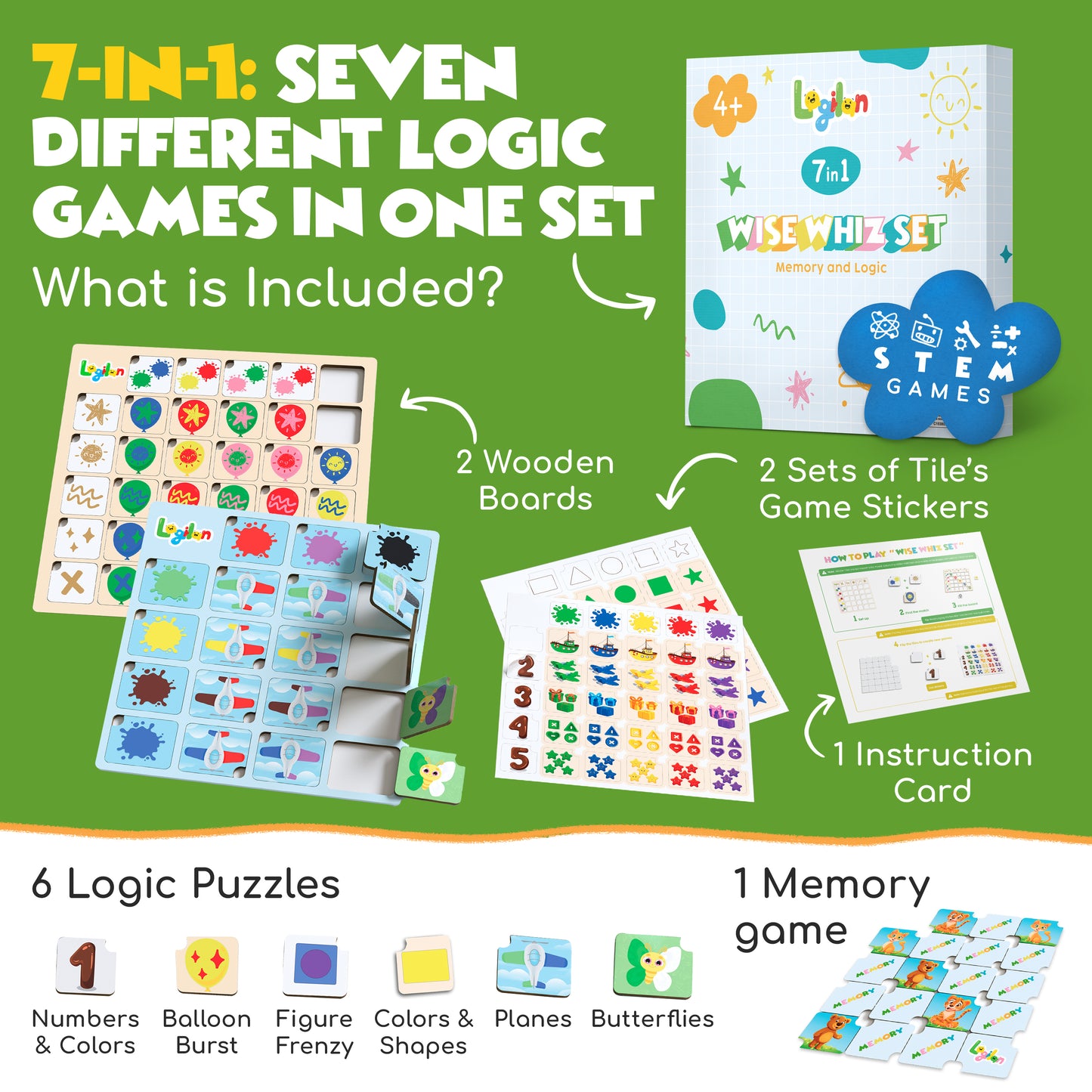 Wise Whiz – 7-in-1 Logic & Memory Game Set for Kids Ages 4–8 | STEM Puzzles & Matching Boards