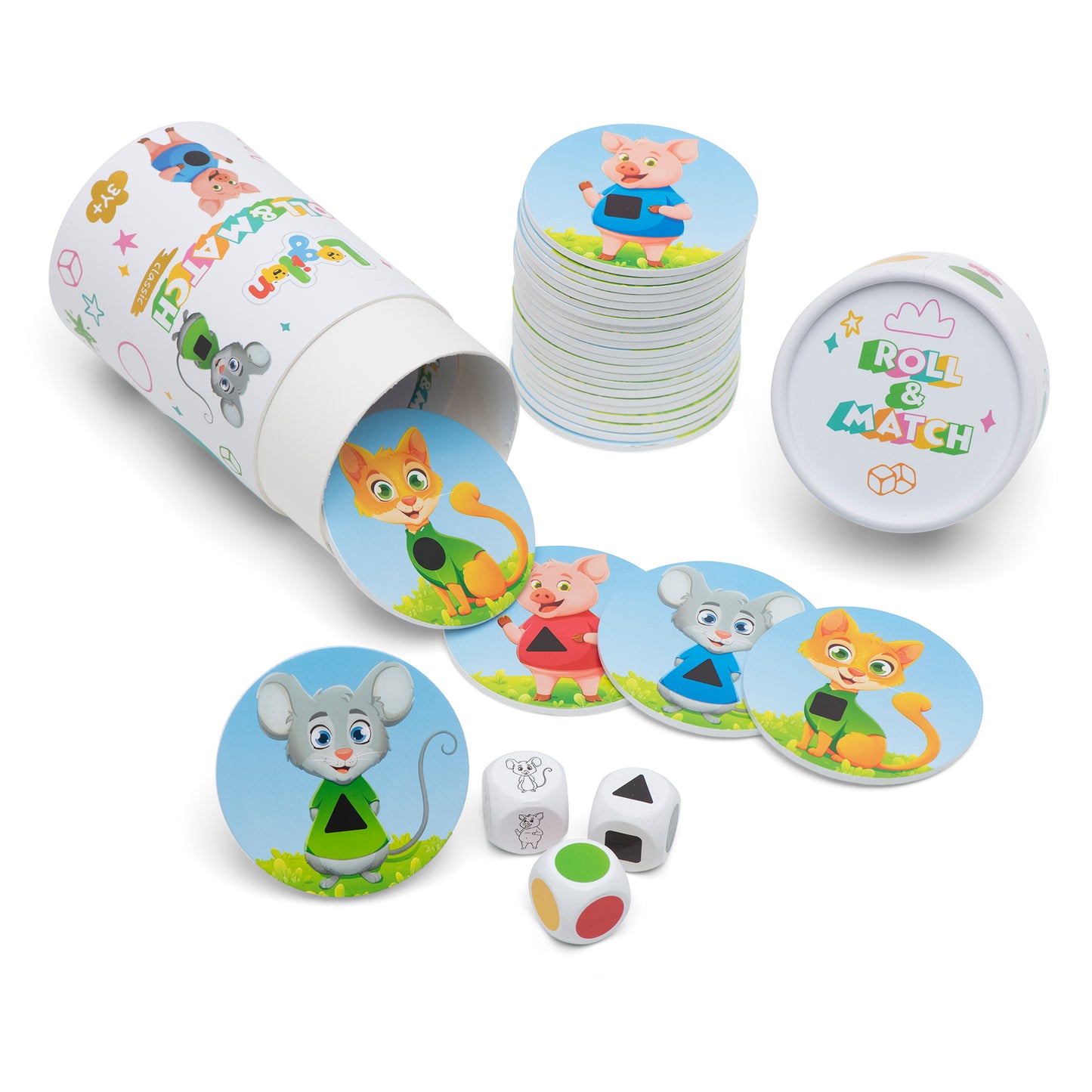 Children's game set with cartoon animal game pieces, dice, and a container cup in which these items can be stored. The animals are cat, pig, and mouse.