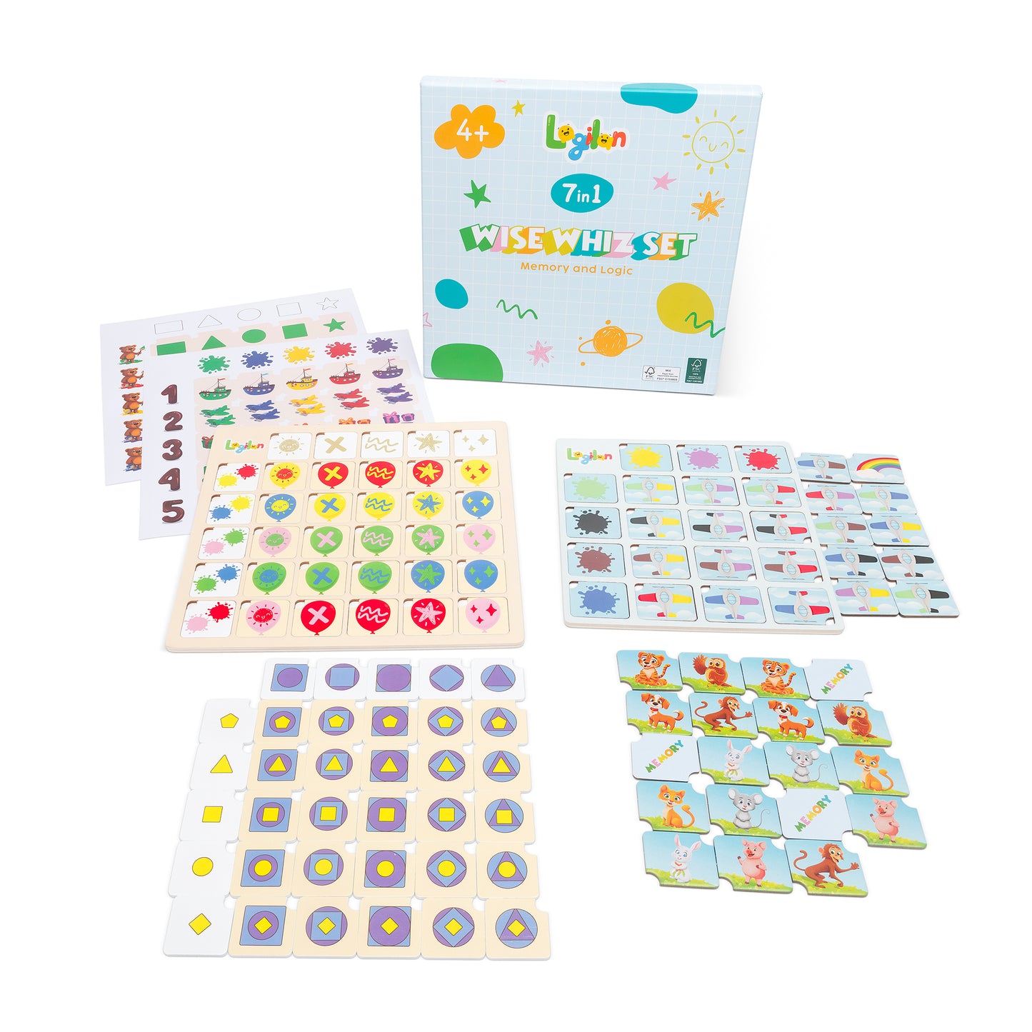 Educational toy set including two wooden boards, four sets of tiles, and two sticker sheets.