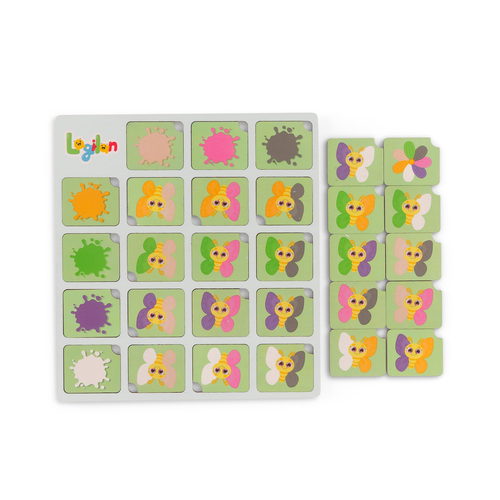 Set of colorful butterfly-pictured tiles on a wooden game board with rows and columns.