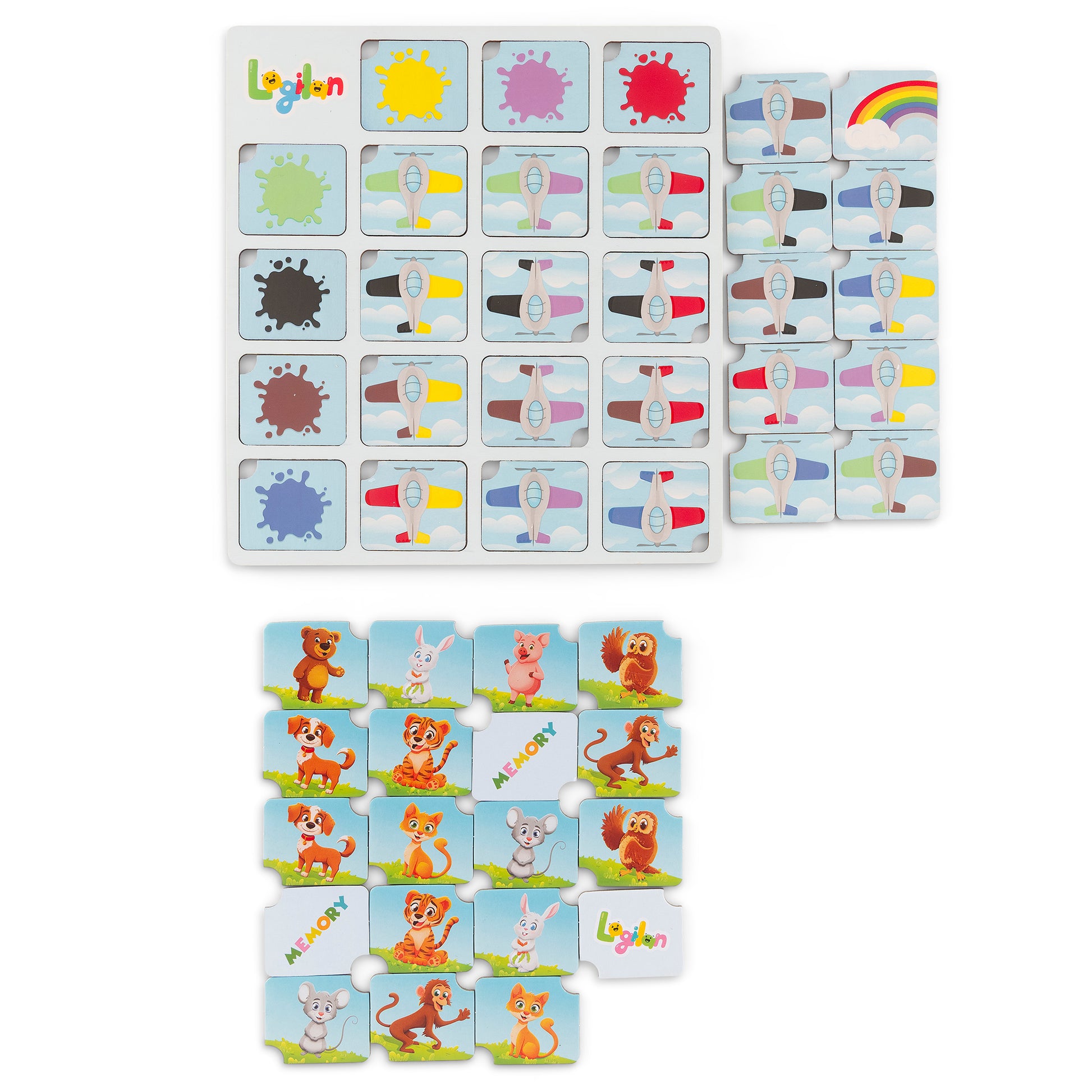 Wooden game board with colorful tiles featuring different-colored animals and airplanes.